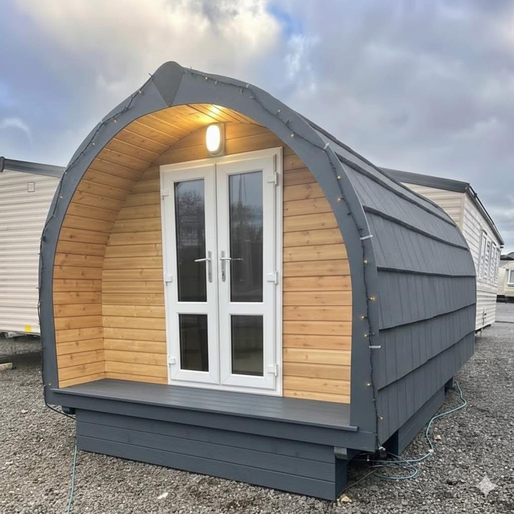 BESPOKE LUXURY POD 15 FOOT LONG BY 10 FOOT WIDE, DOUBLE GLAZING PATIO DOORS & WINDOWS, OAKWOOD PORCH For Sale Thumb